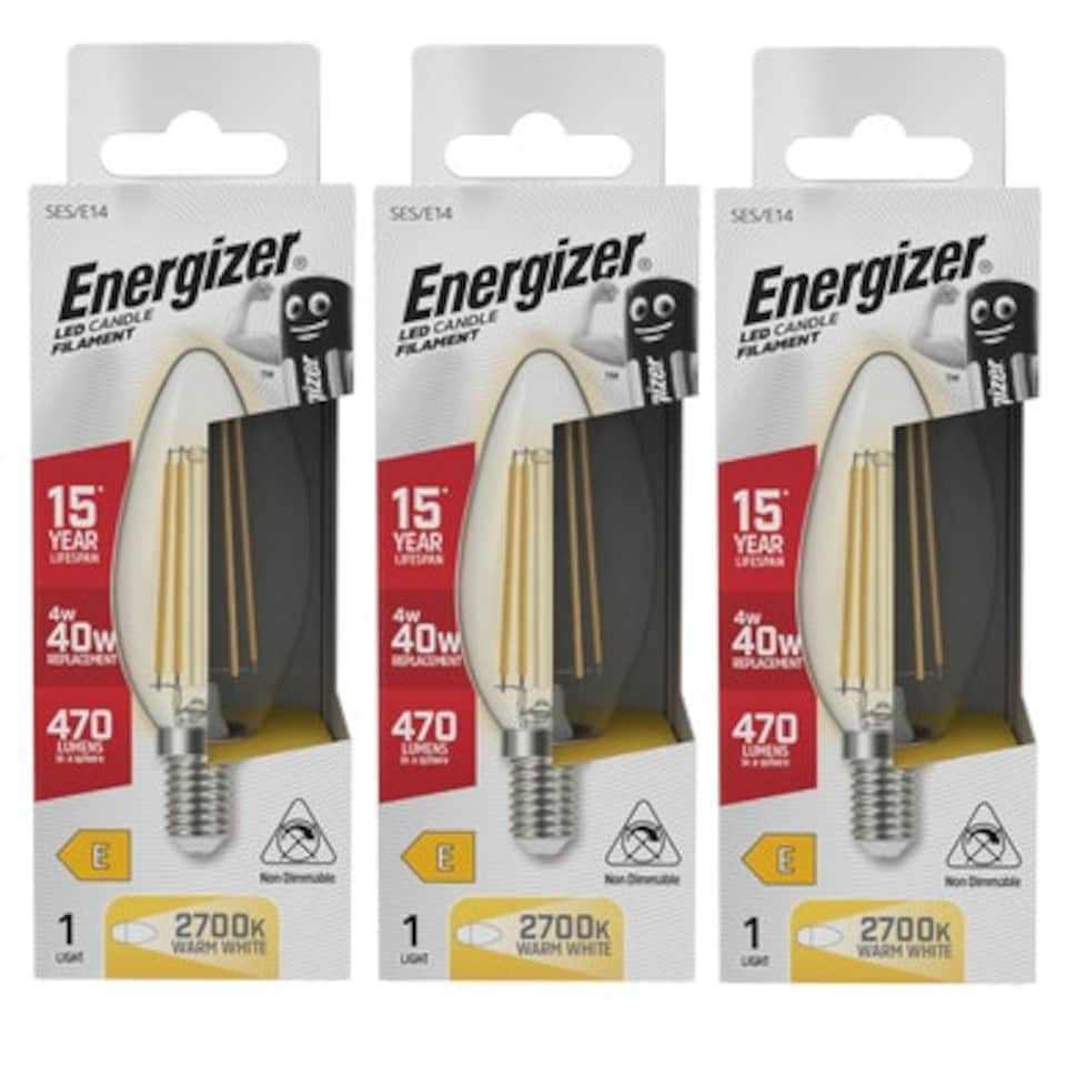 image 1 of Energizer LED Filament Candle E14 470lm 4W 2700K (Warm White) Light Bulb - Pack of 3