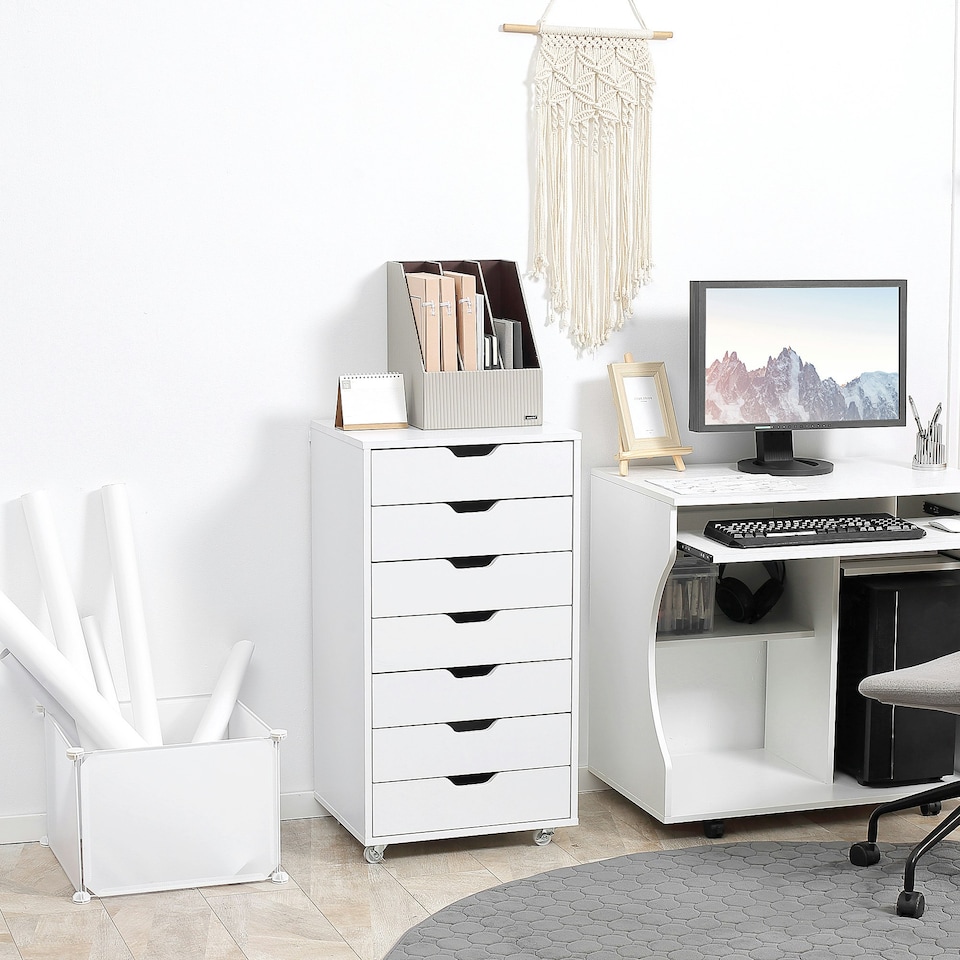 image 1 of Vinsetto Mobile Filing Cabinet, 7-drawer File Cabinet with Wheels, White