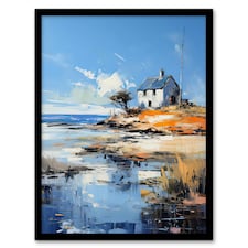 Old White Crofters Cottage Oil Palette Knife Black Framed Wall Art Print A4