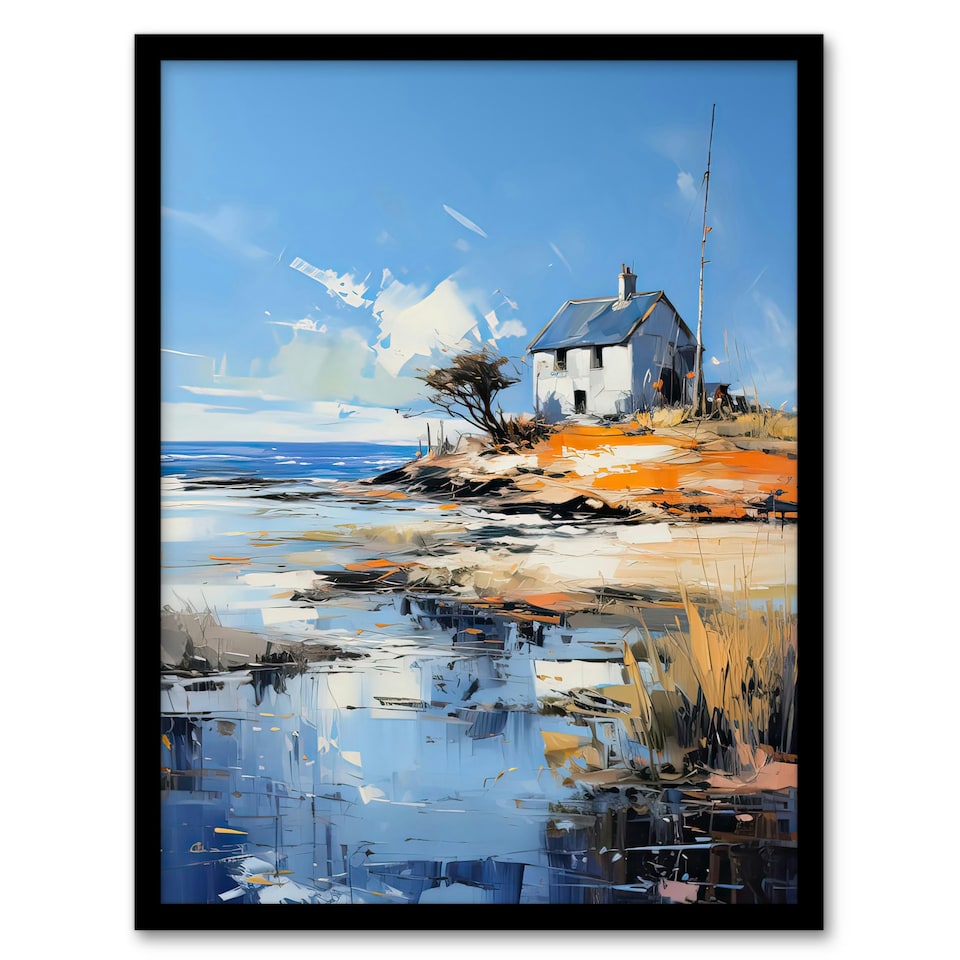 image 1 of Old White Crofters Cottage Oil Palette Knife Black Framed Wall Art Print A4