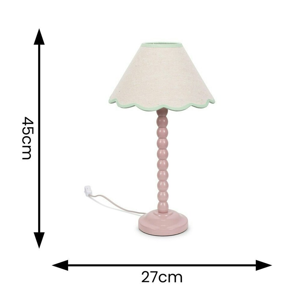 image 1 of ValueLights Bobbles Rose Pink Bobbin Table Lamp with Green Trim Scallop Shade