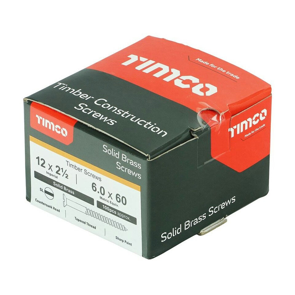 image 1 of Timco - Solid Brass Timber Screws - SLOT - Countersunk (Size 12 x 2 1/2 - 100 Pieces)