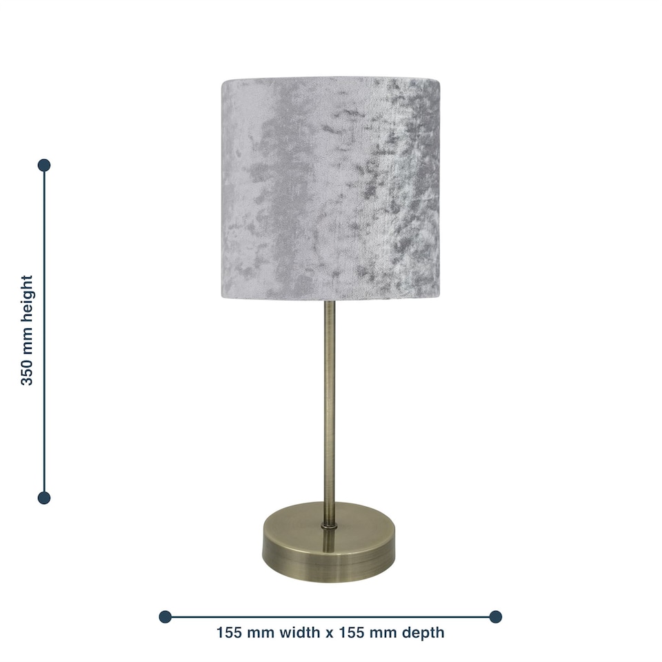image 1 of Antique Brass Stick Table Lamp with Grey Crushed Velvet Shade