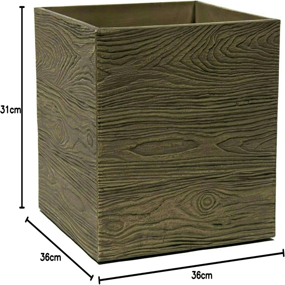 image 1 of Primrose Cube Square Flower Pot Rustic Outdoor Wood-Effect Resin Planter 36cm