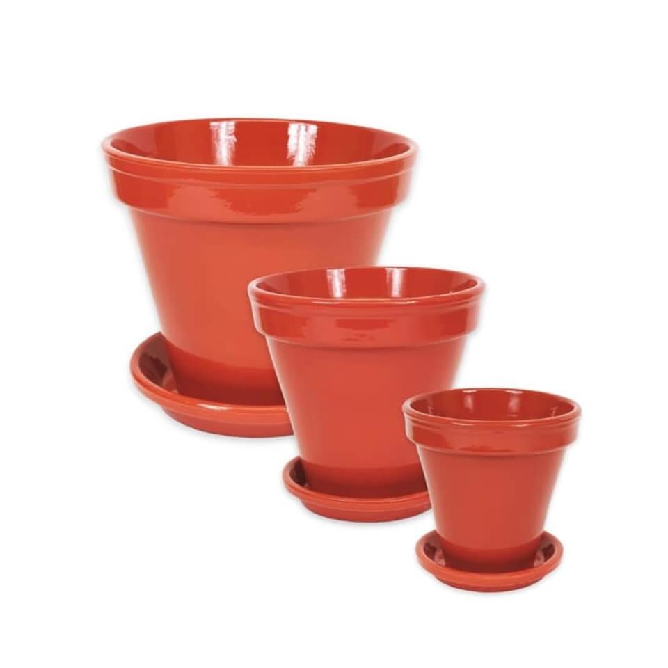 image 1 of Verano Spanish Ceramics Set of 3 Plant Pots & Drainage Plates - 16-29cm Dipped Red