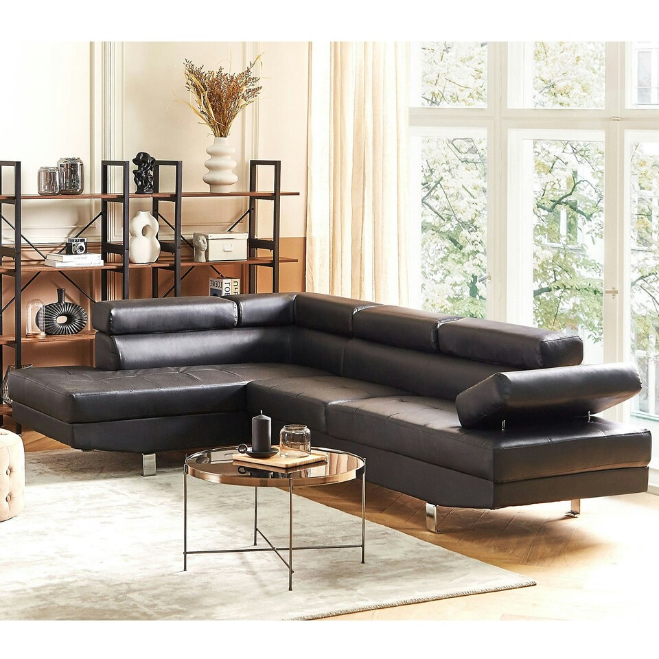 image 1 of Fidenza Leather Corner Sofa Adjustable Headrests, L-Shaped Sectional, Contemporary Living Room Seating, Left Hand Facing Black