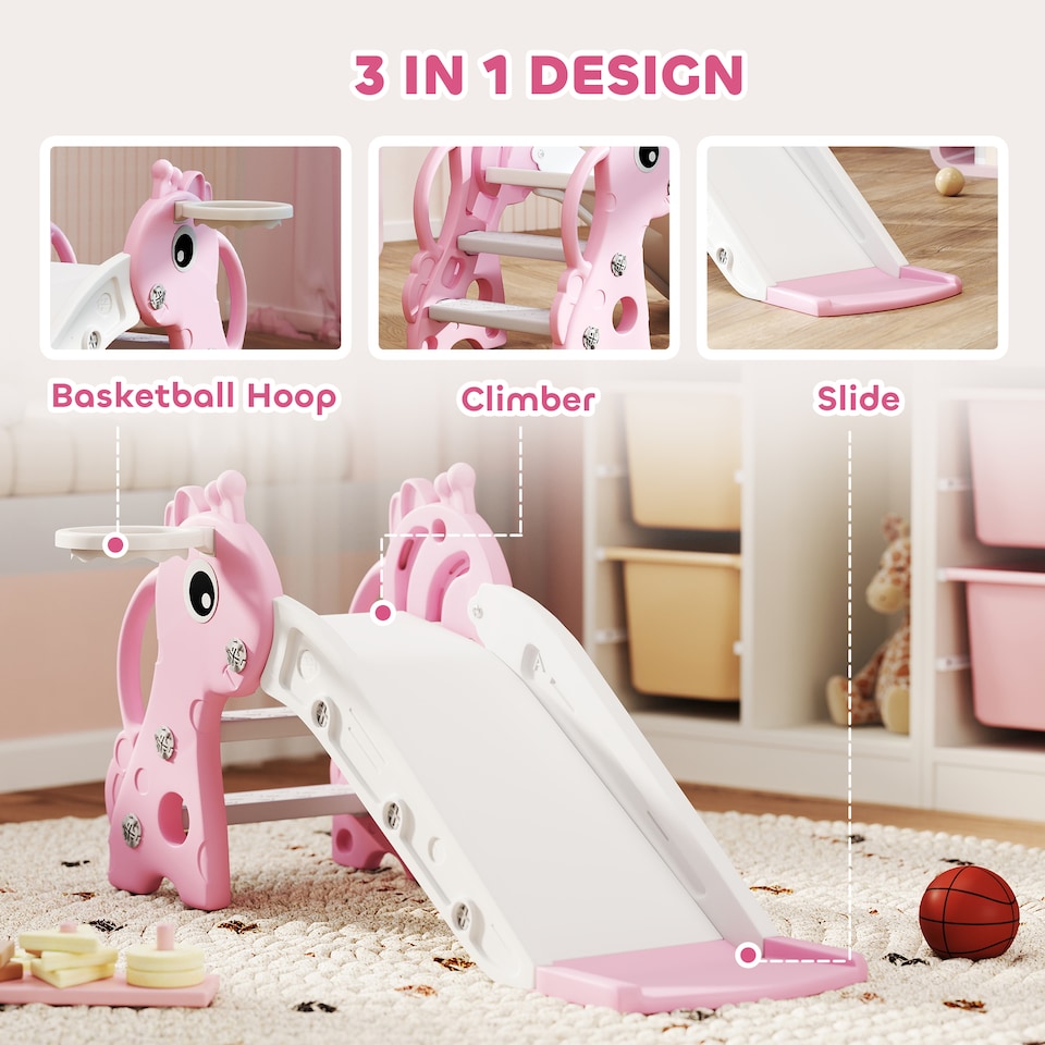 image 1 of AIYAPLAY 3 in 1 Kids Slide with Climber, Basketball Hoop and Ball, Pink