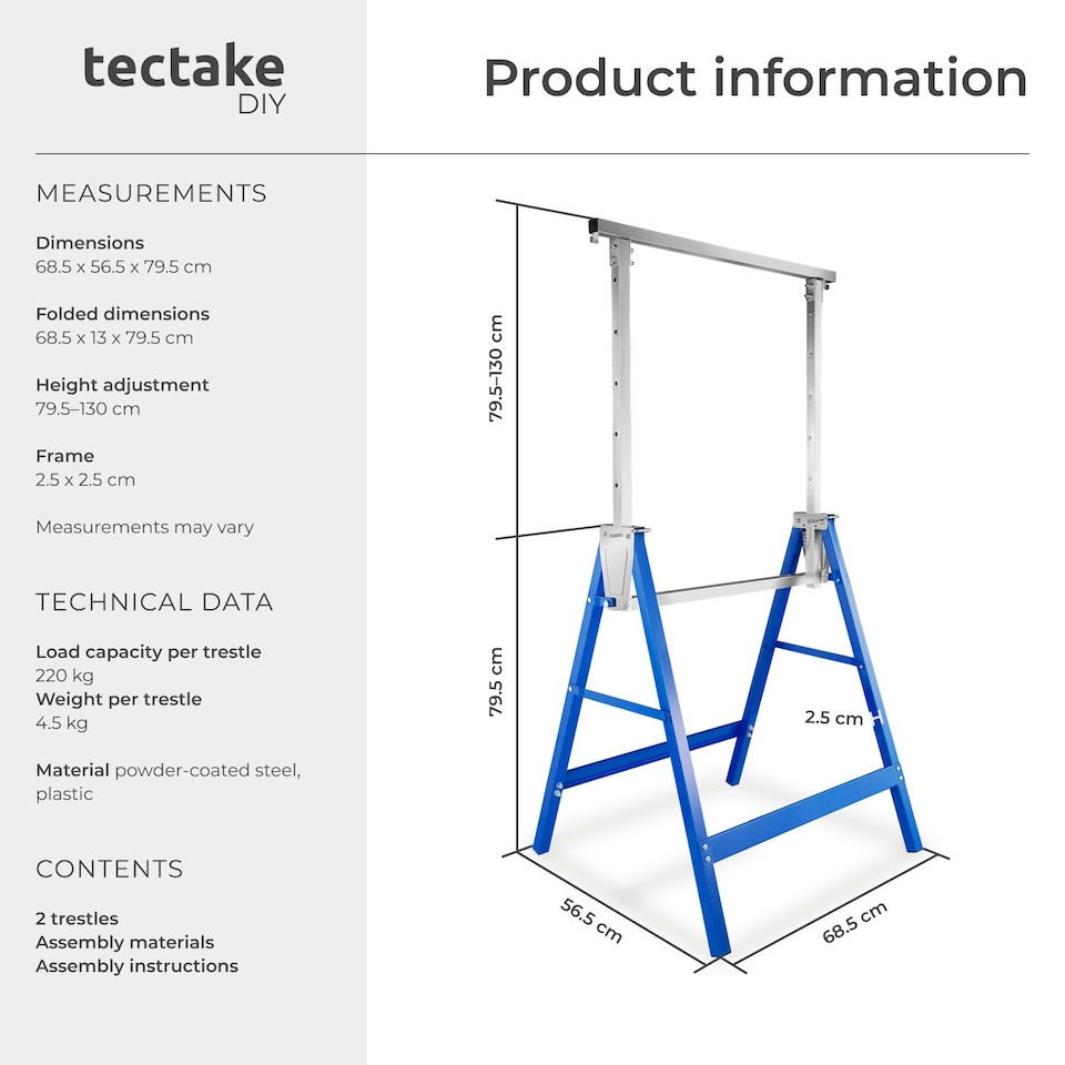 image 1 of Scaffold Trestle Set of 2 - A Frame, foldable, 7-step height adjustable | Blue | blue | 68,50 x 56,50 x 79,50 cm | 2