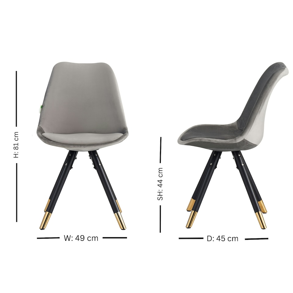 image 1 of Set of 4 Sofia Ergonomic Modern Dining Chairs Upholstered in Velvet, Metal Legs with Gold End Tips | Grey | Dark Grey