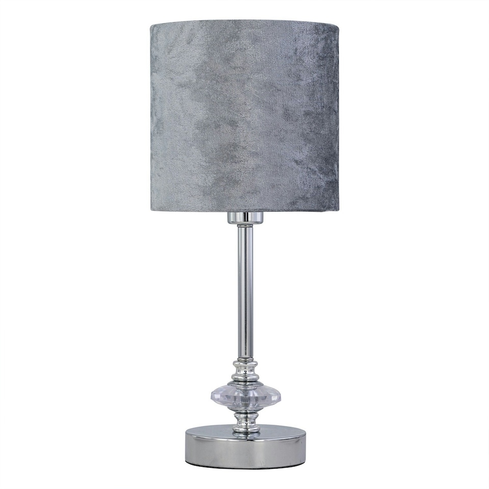 image 1 of First Choice Lighting Set of 2 Chrome Jewelled Table Lamp with Grey Crushed Velvet Shades Chrome | Grey