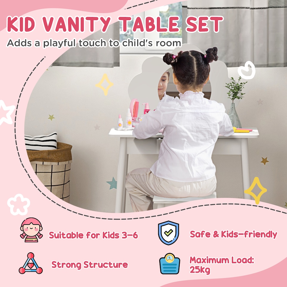 image 1 of AIYAPLAY Kids Dressing Table with Mirror, Stool, Drawer, Cloud Design, White | White