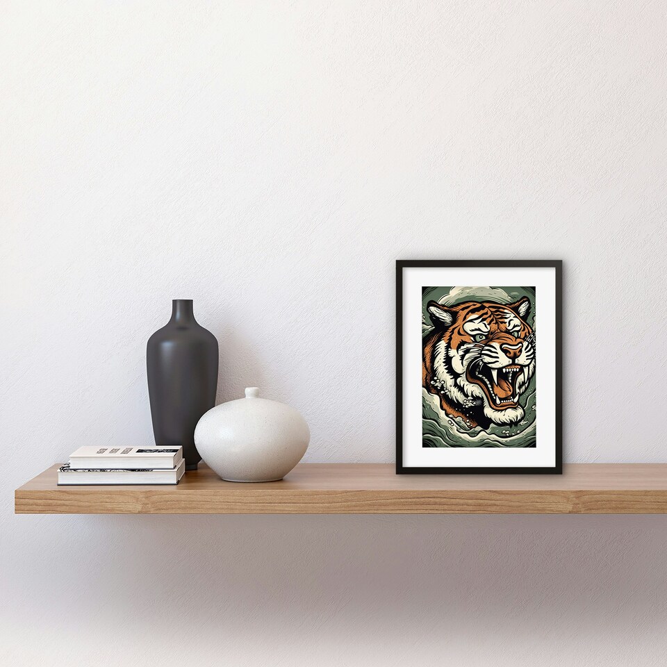 image 1 of Roaring Tiger Sea Waves Tattoo Ink Body Americana 50s 9x7" Black Framed Wall Art Print