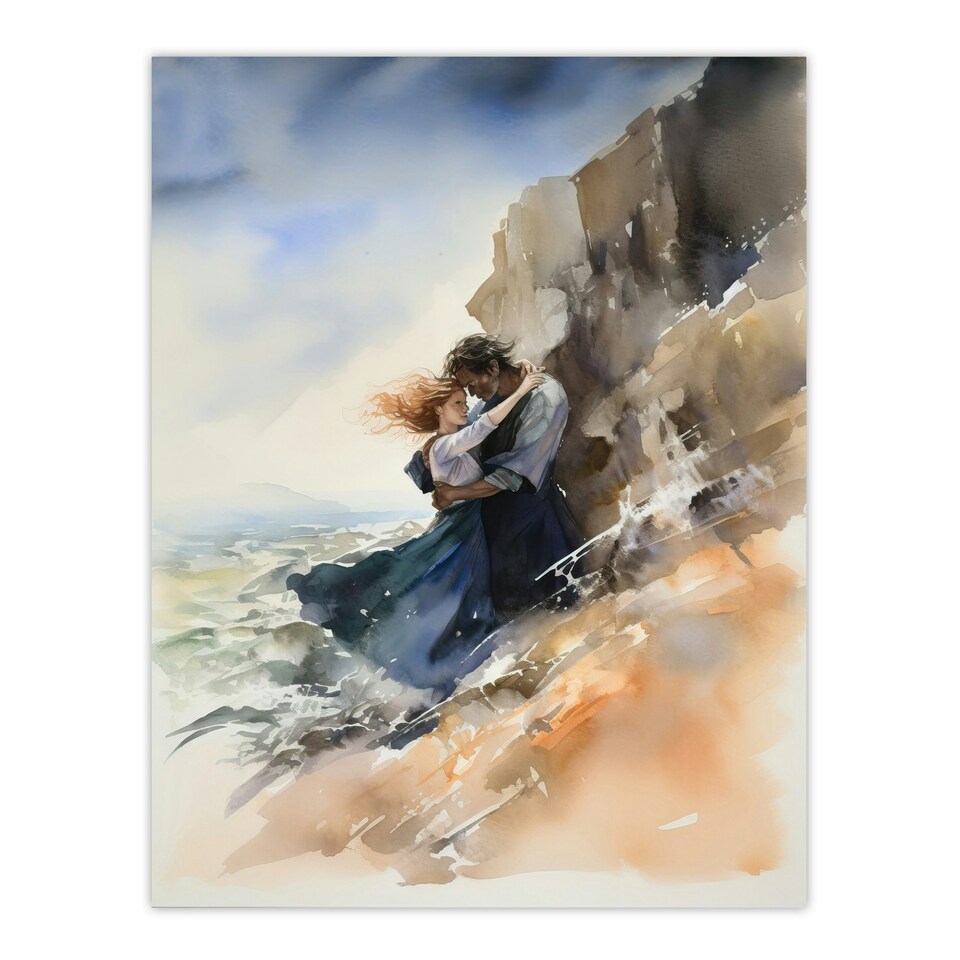 image 1 of Couple Embrace Dramatic Coastal Cliff Home Decor Black Framed Wall Art Print A4