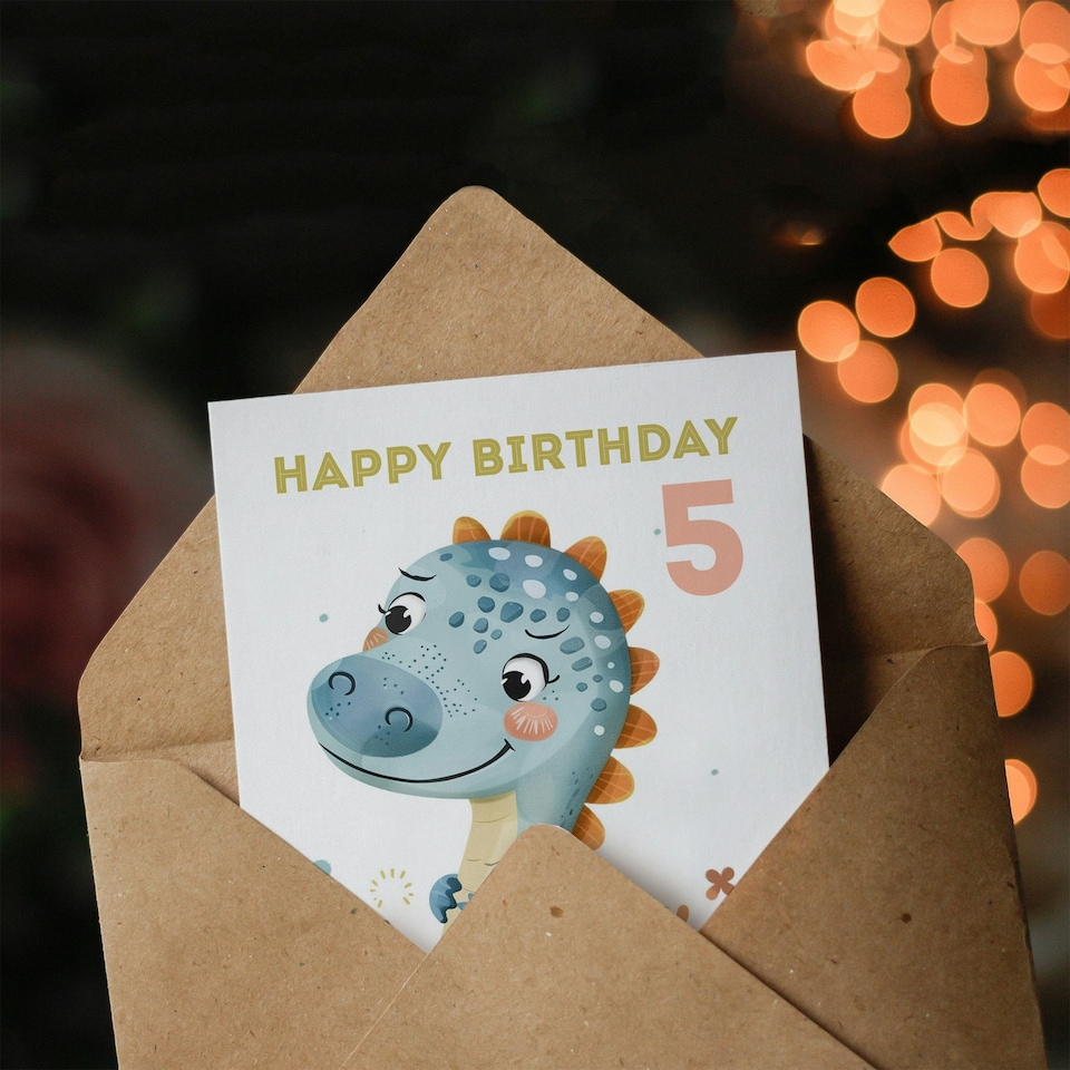 image 1 of Cute Dinosaur Cartoon Drawing Fun Kids Age 5th Birthday Card