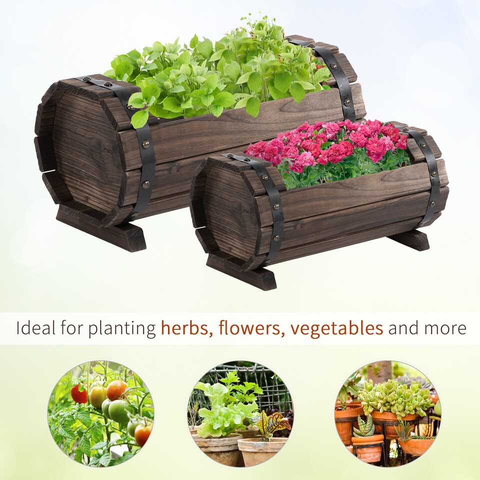 image 1 of Outsunny 2PCs Wooden Flower Plant Pot Outdoor Plant Box with Solid Wood | Brown | Brown