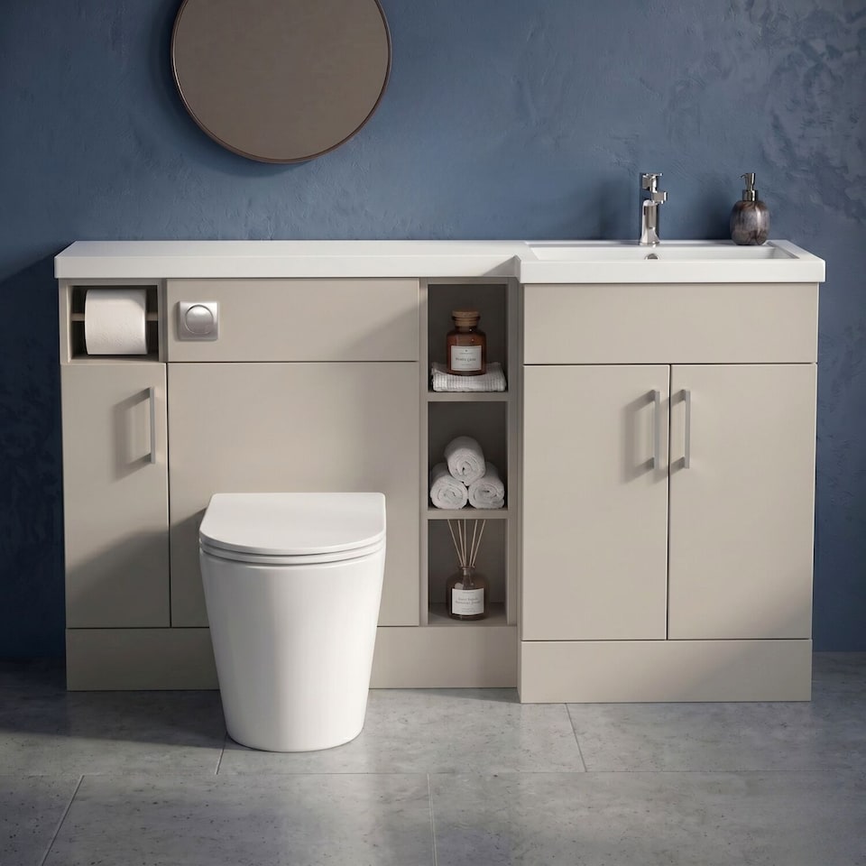 image 1 of Balterley Wichnor Floor Standing 3 Door, Open Shelf Vanity Basin WC Unit with Toilet Roll Holder and Polymarble Basin, 1500mm, Right Hand, Pebble Grey