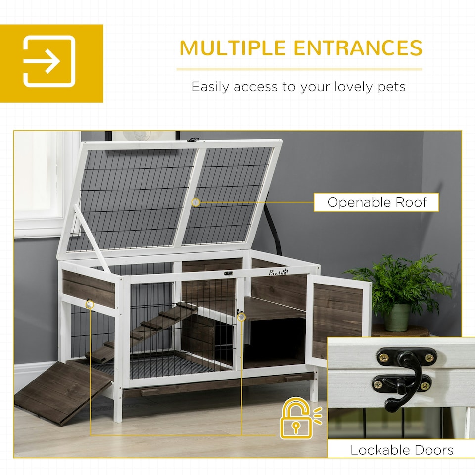 image 1 of PawHut Rabbit Hutch, Elevated Guinea Pig Cage w/ Openable Roof & Tray, Brown