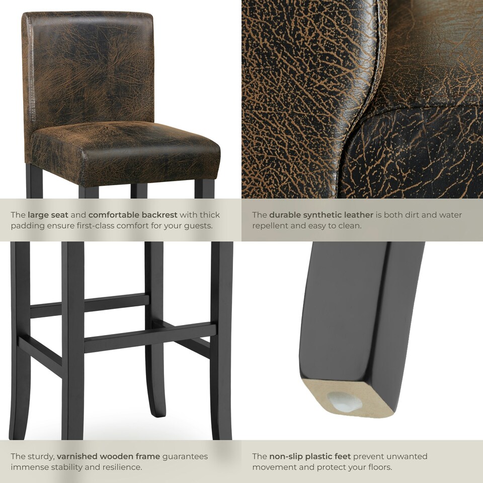 image 1 of Bar Stool - padded backrest, synthetic leather, with footrests - Set of 2 Brown | Antique Brown