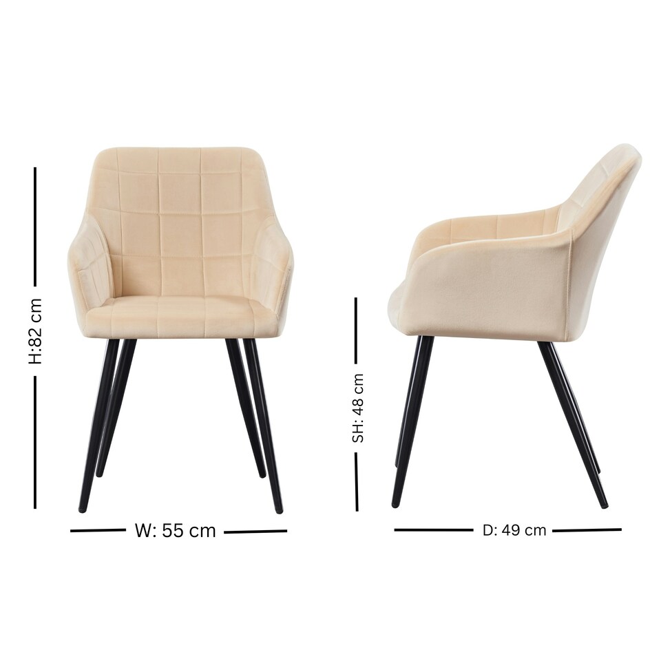 image 1 of Single Camden Modern Velvet Dining Chair with Armrests, Quilted Design & Black Metal Legs Cream