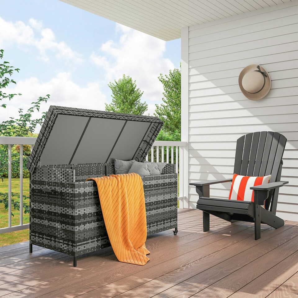 image 1 of Outsunny 627 L Rattan Garden Storage Box with Gas Lift Lid and Wheels Grey | Dark Grey | 153 x 69 x 85 cm