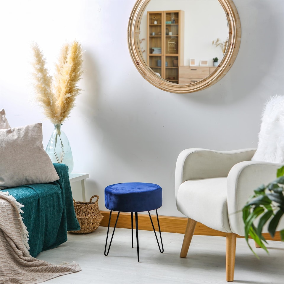 image 1 of Harbour Housewares Round Velvet Footstool - Blue/Black | Blue | Blue/Black