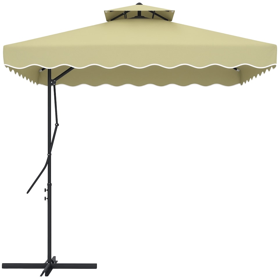 image 1 of Outsunny 2.5m Cantilever Parasol with Easy Lever, Square Double Top Garden Parasol Umbrella with Ruffles and Cross Base, Overhanging Outdoor Sun Shades, Beige