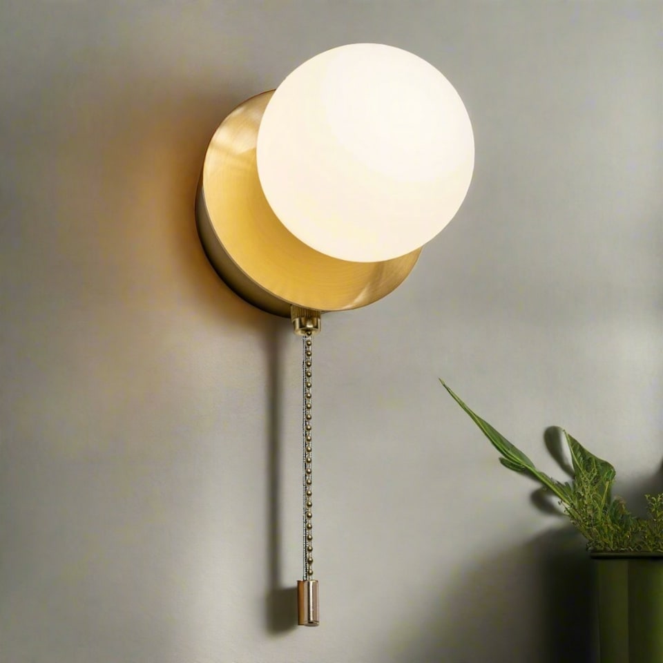 image 1 of CGC MACIE Satin Gold & White Opal Globe LED Rechargeable Magnetic USB Reading Bedside Wall Light Pull Cord Switch Gold