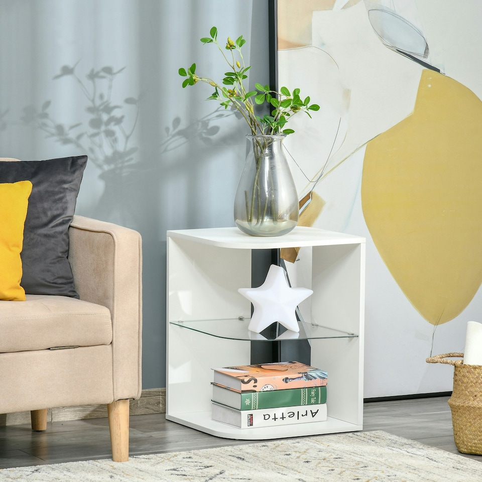 image 1 of Modern Side Table Three Layer Bedside Table Nightstand w/ 2 Storage Shelves Grey