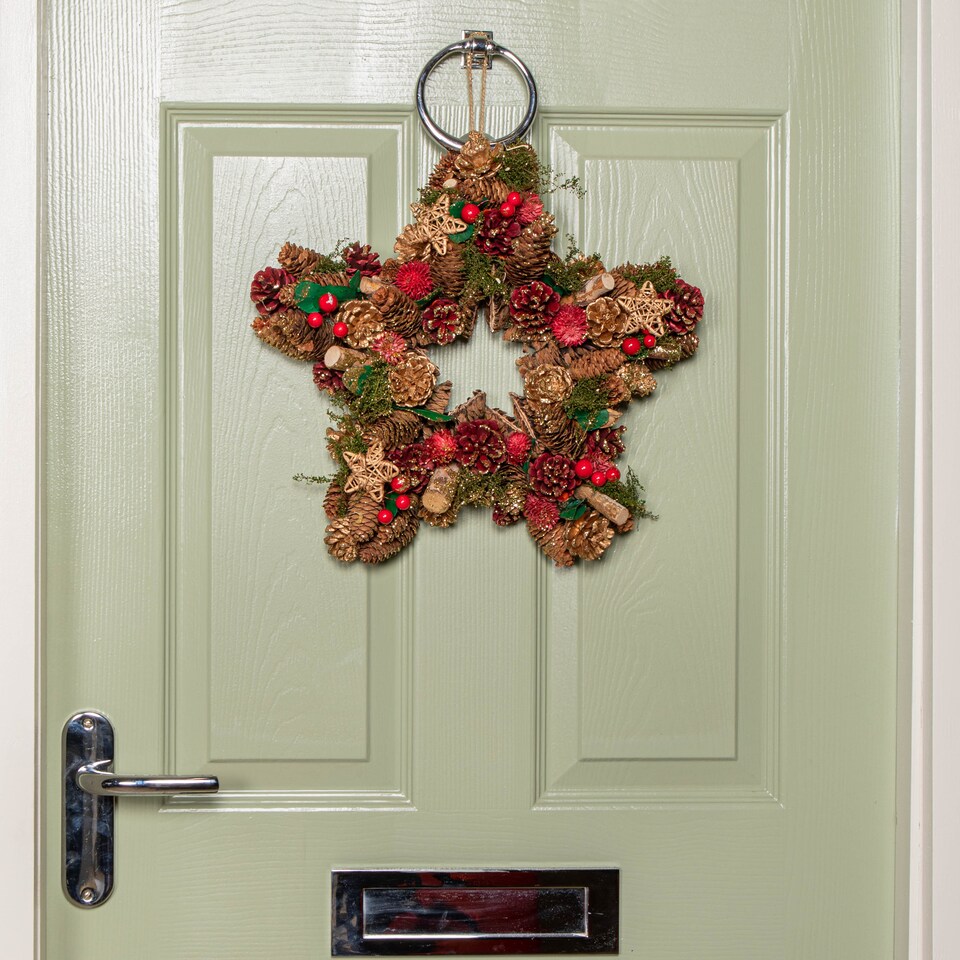 image 1 of 35cm Red Hanging Star Christmas Wreath with Red Berries and Pinecones