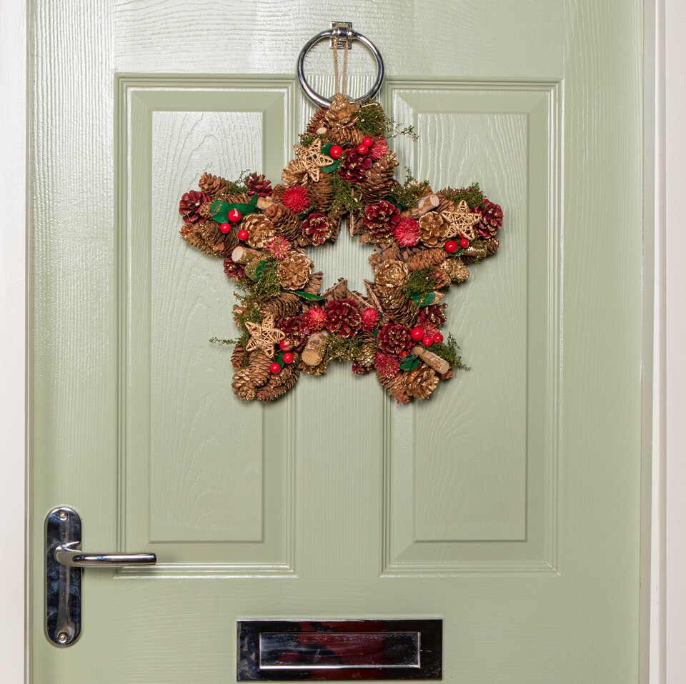 image 1 of 35cm Red Hanging Star Christmas Wreath with Red Berries and Pinecones