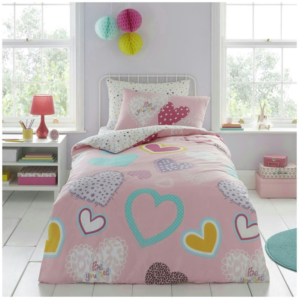 image 1 of VELVETIO Hearts Duvet Cover Set Reversible Polycotton Kids Beddings Pink | Double