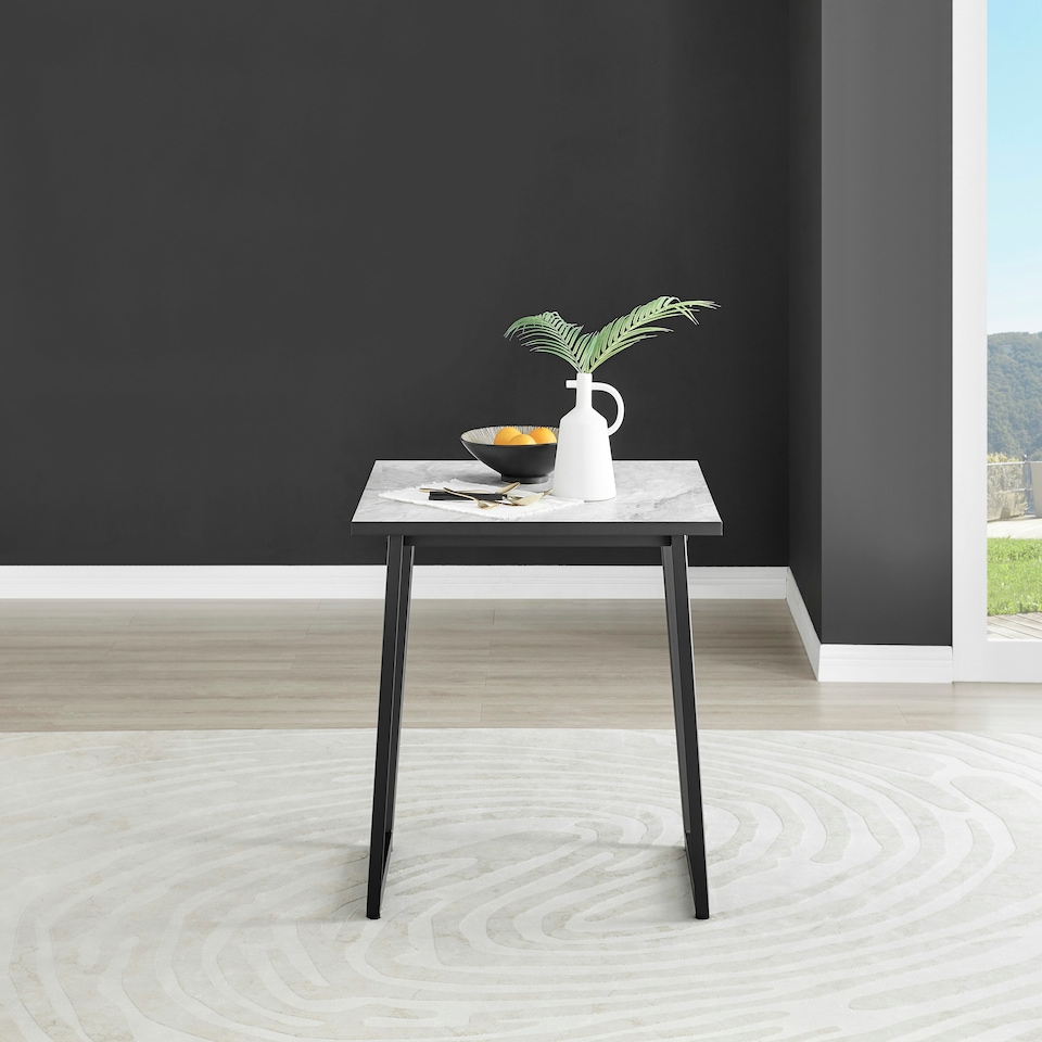 image 1 of Furniturebox Carson White Marble Effect Square Dining Table & 2 Navy Pesaro Black Leg Chairs