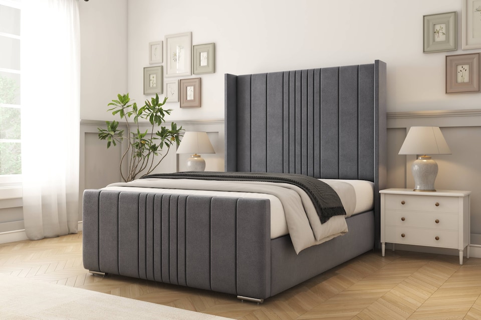 image 1 of Sloomy Hargrave Steel Plush Bed Frame With Mattress With 50"  Upholstered Wingback Headboard 5' King