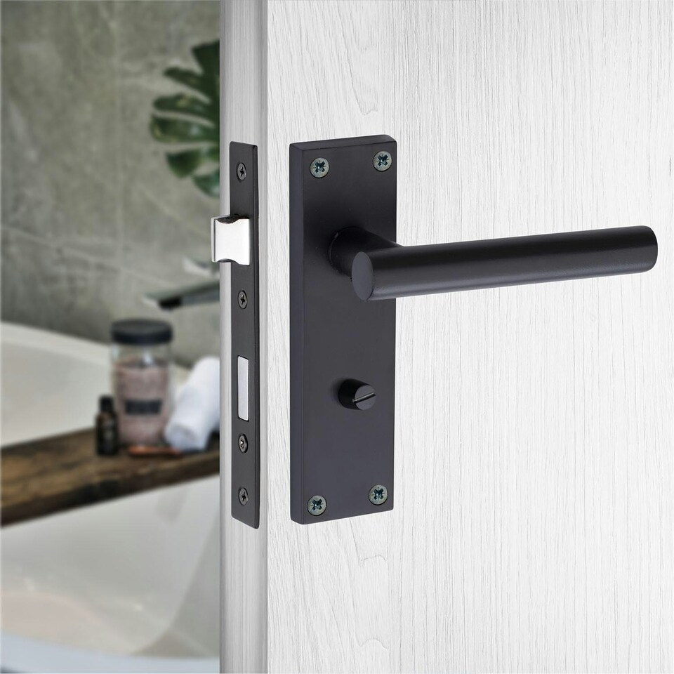 image 1 of Golden Grace Victorian T-Bar Straight Door Handles Bathroom WC Toilet Complete in Matt Black with (GG) Bathroom Mortise Lock & 1 Pair of 3" Ball Bearing Hinges Black