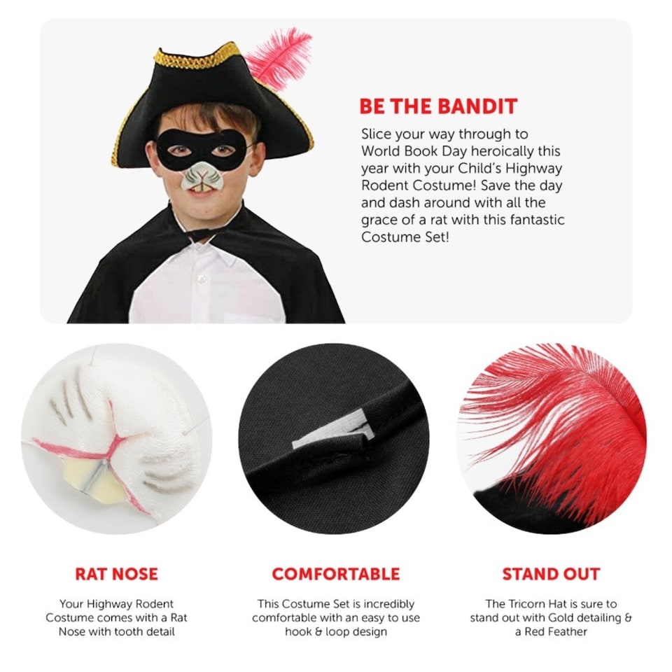 image 1 of Highway Rodent Costume - Feather Tricorn Hat, Cape, Nose & Mask Black | One Size