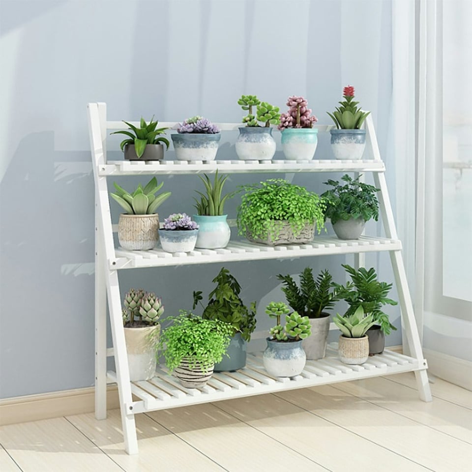 image 1 of Living and Home 3-Tier Foldable Wooden Ladder Shelf White