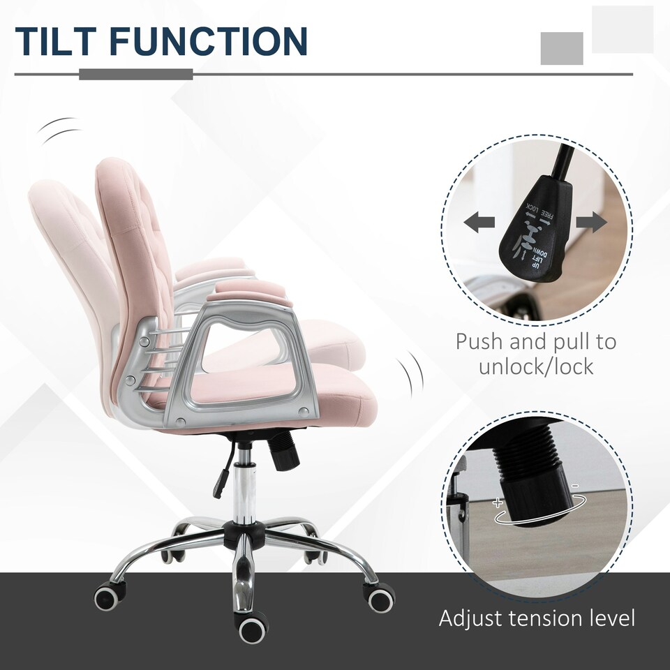 image 1 of Vinsetto Office Chair Velour Diamond Tufted Padded Ergonomic 360° Swivel Pink
