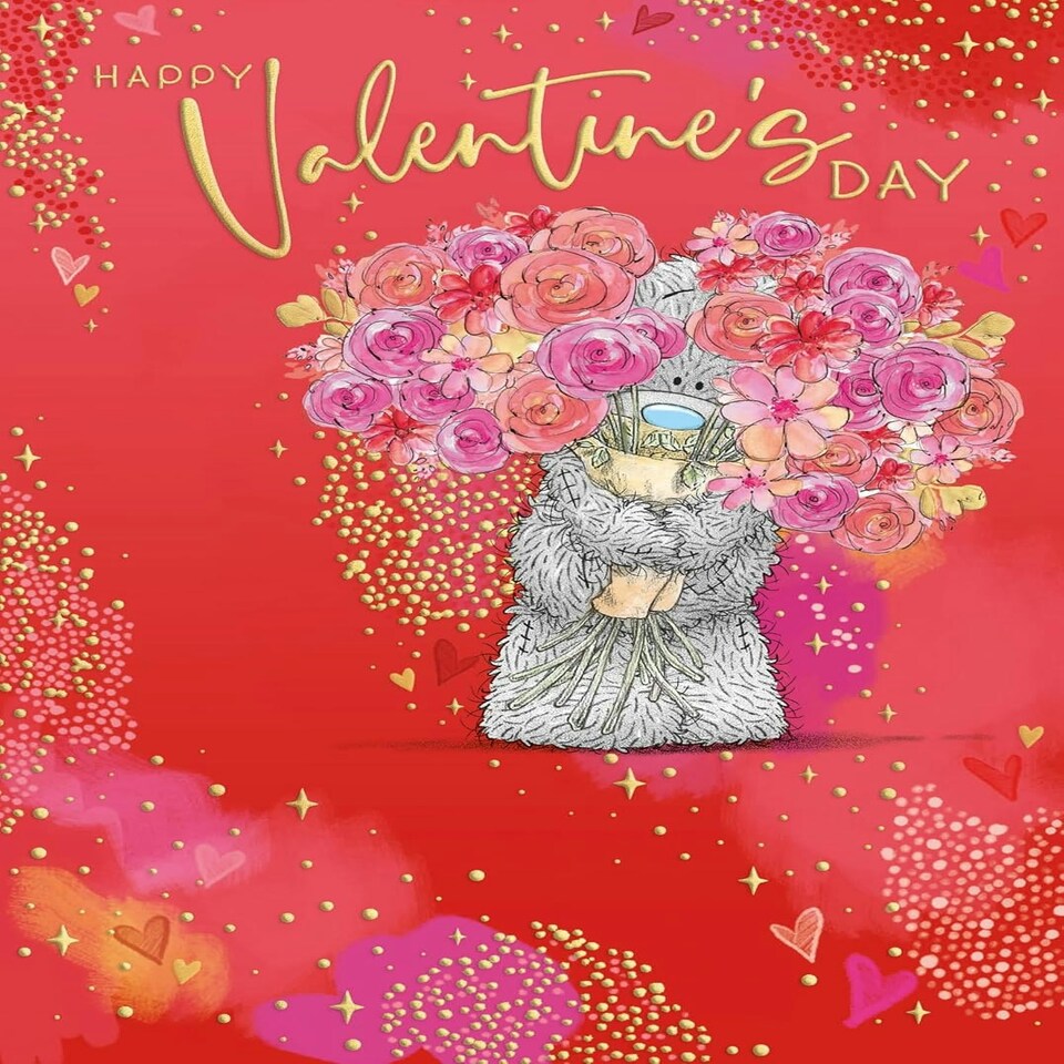 image 1 of Bear With Big Bouquet Open Valentine's Day Card