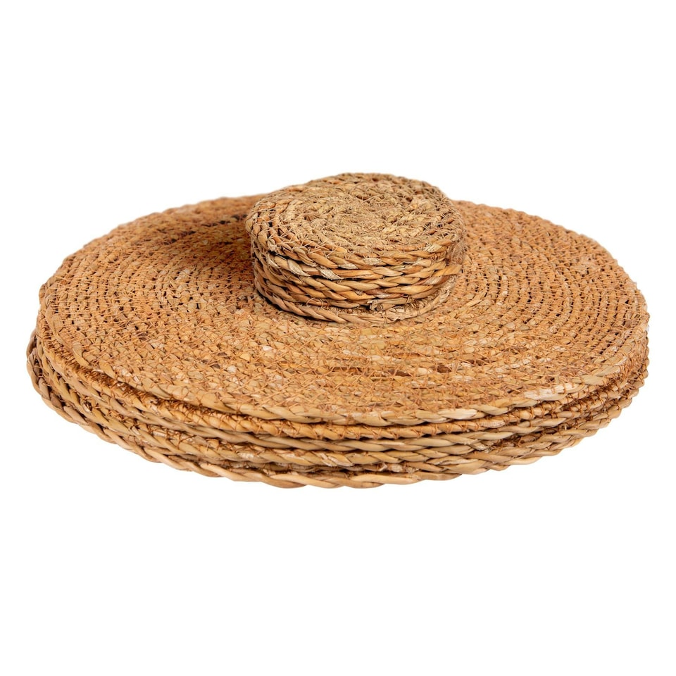 image 1 of Argon Tableware 12 Piece Round Woven Typha Placemats & Coasters Set Brown