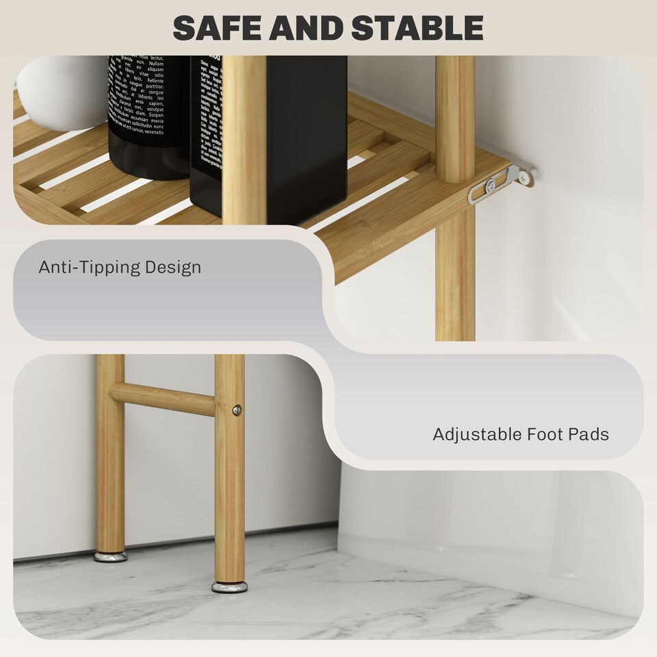 image 1 of HOMCOM Bamboo Over Toilet Storage Unit with 3 Slatted Shelves, 3-Tier Freestanding Bathroom Shelf, Bathroom Space Saver, Natural Wood Finish | Yellow