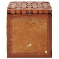 Storage Stool With Metallic Stud Trim,Teak Wood Seat With Hair-on-Leather Base,Latticed Leather Top Stool Brown