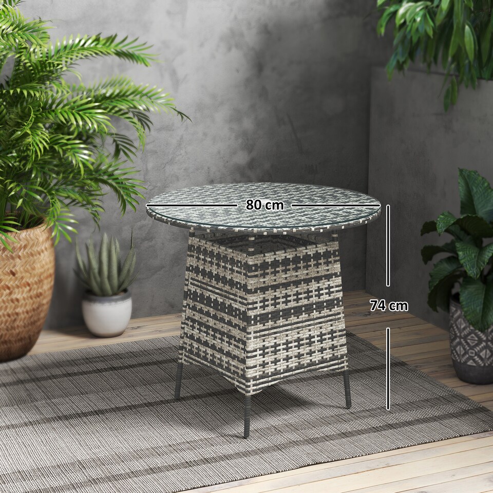 image 1 of Outsunny Wicker Garden Rattan Table, Patio Furniture Outdoor Coffee Table with Umbrella Hole and Tempered Glass Top, Grey | Grey | Grey
