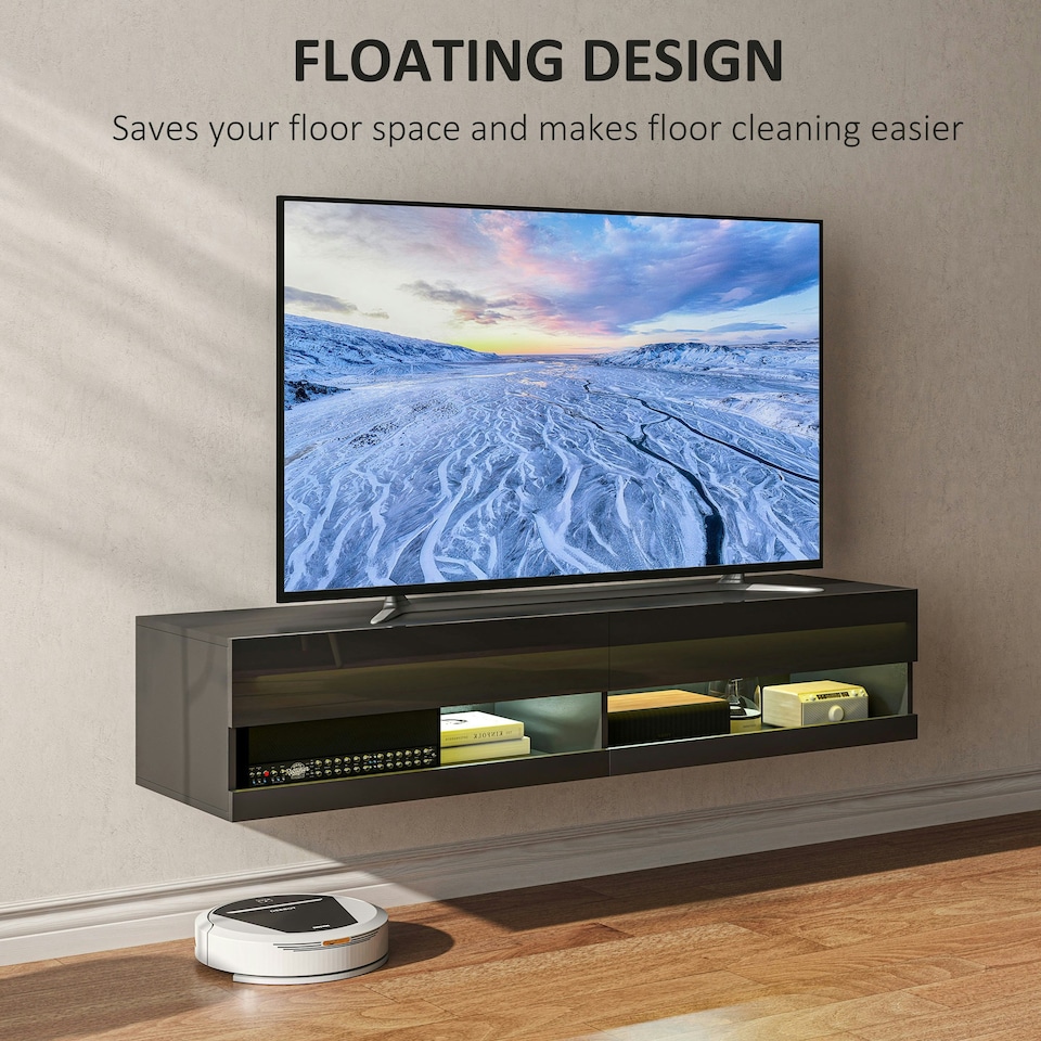 image 1 of HOMCOM High Gloss TV Stand Unit Wall Mounted with LED Lights