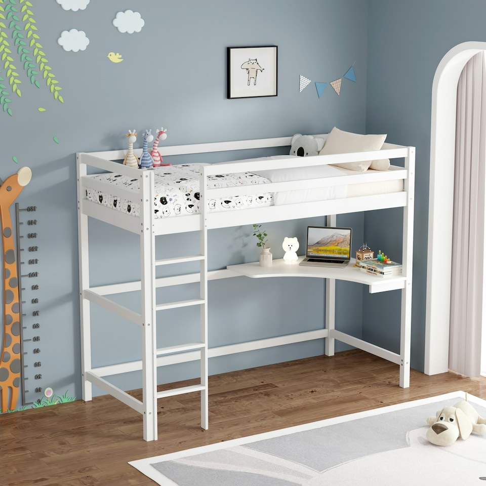 image 1 of Poppy White Wooden High Sleeper Bunk Bed with Desk | White | White