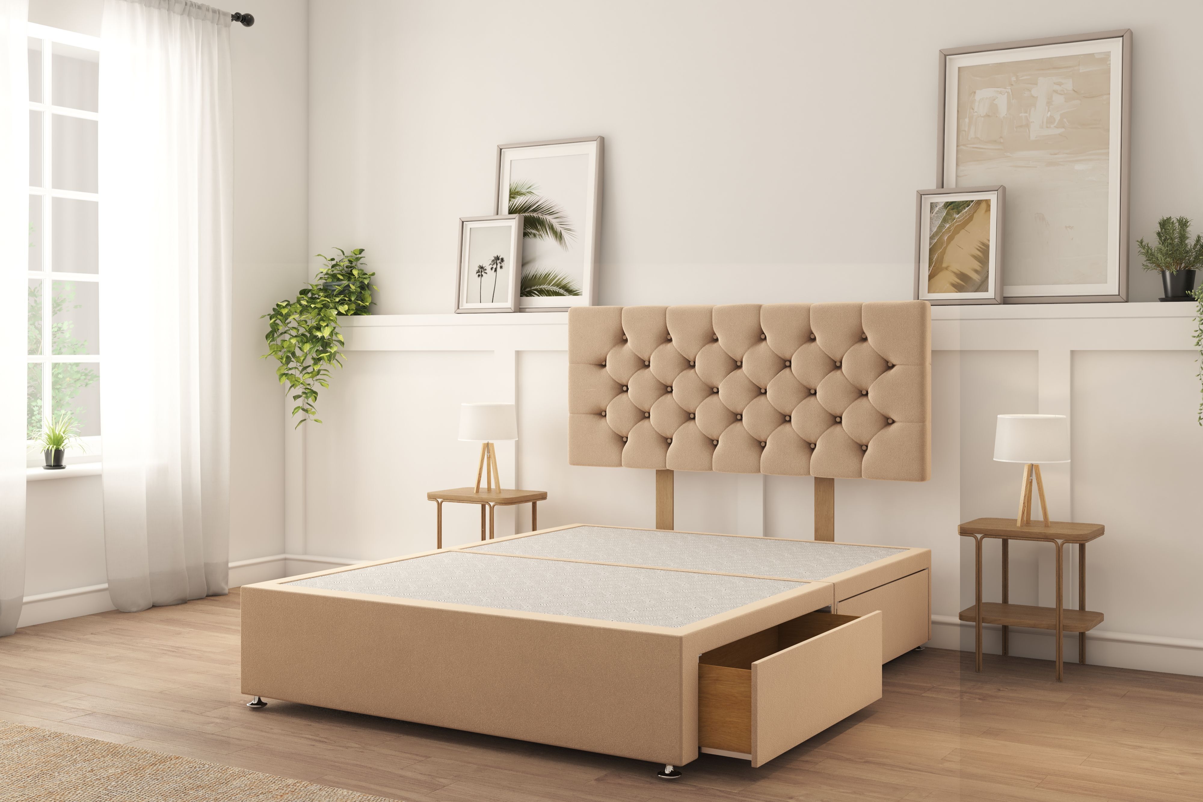 Sloomy Mayfair Pebble Plush Divan Bed Base 2 Drawers Foot-End With 26" Strutted Headboard 4'6 Double