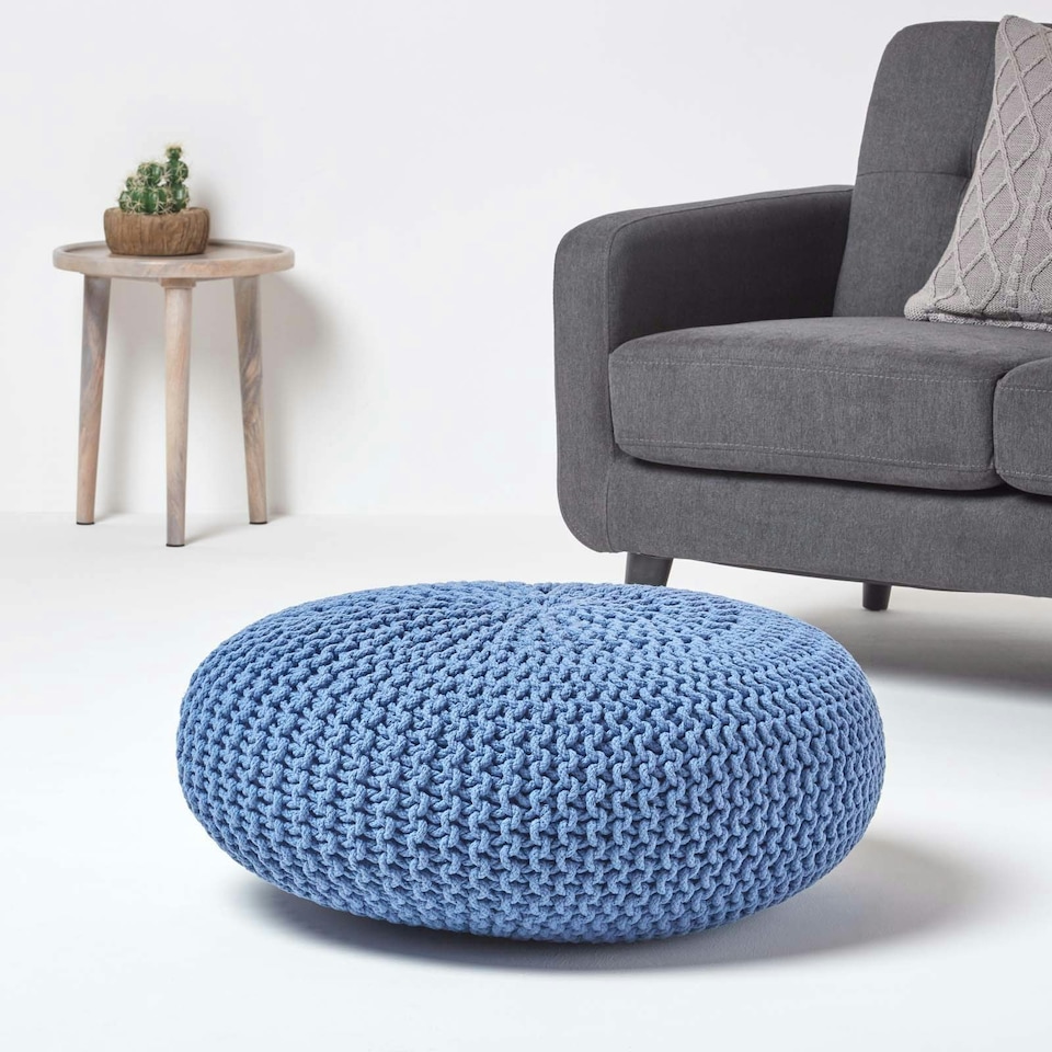 image 1 of Homescapes Blue Large Round Cotton Knitted Pouffe Footstool
