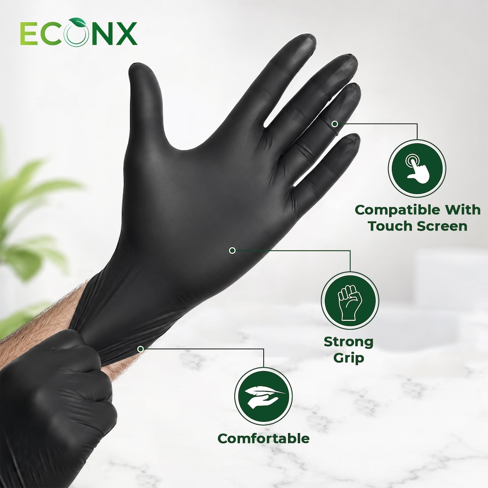 image 1 of ECONX Black Disposable Nitrile Gloves Powder Free Latex Free Medium Size Food Safe Cleaning Medical Multi Purpose Use x 1000pk