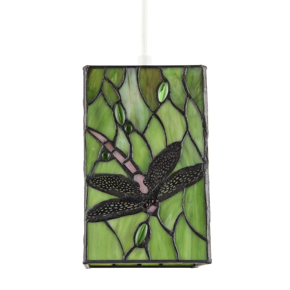 image 1 of Green Stained Glass Dragonfly Rectangular Tiffany Pendant Light Shade | Green | Green | 1