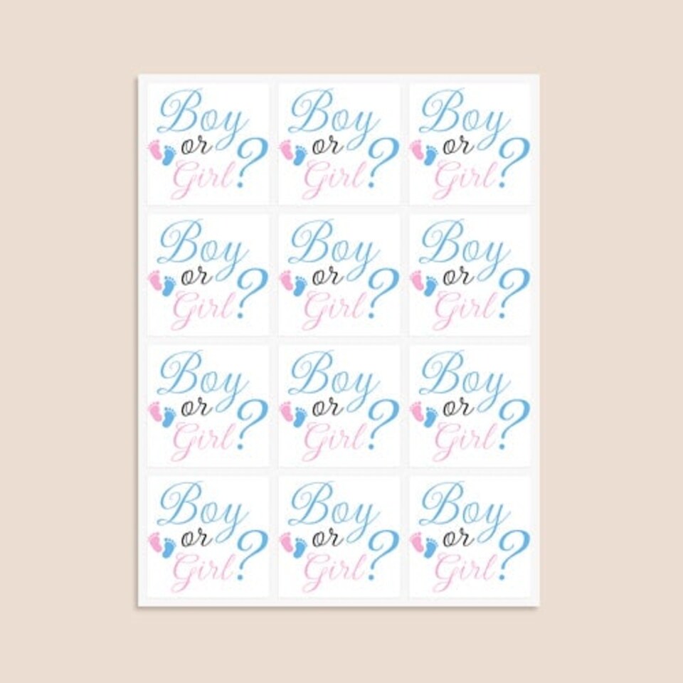image 1 of Boy or Girl Gender Reveal Square Stickers 65mm - Sheet of 12