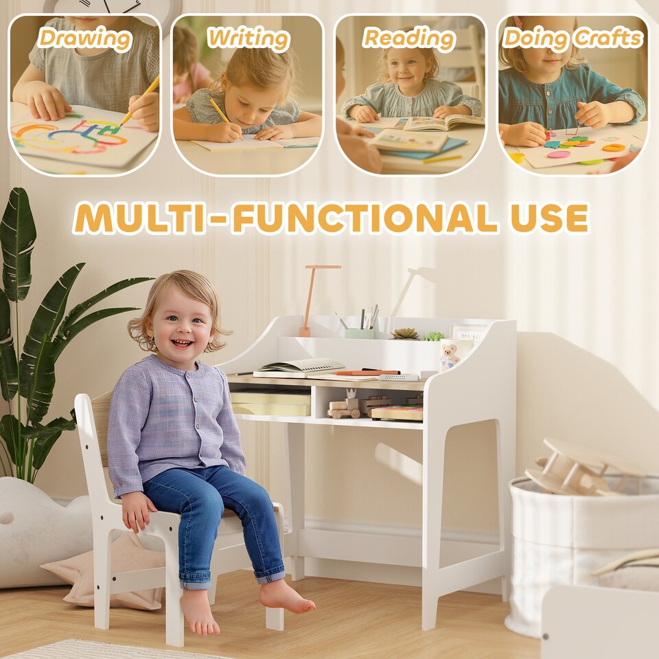 image 1 of AIYAPLAY Kids Desk and Chair Set, Children Study Table with Storage, Natural